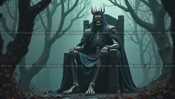 A skeleton is sitting on a throne in a dark forest. Стоковое AI-видео, аниматор Виктория Кольцова / Фотобанк Лори
