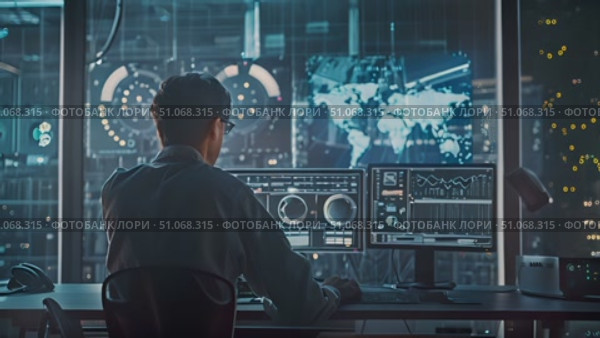 A skilled analyst observes complex data on multiple screens in a sophisticated control room after dusk. Стоковое AI-видео, аниматор Данила Большаков / Фотобанк Лори
