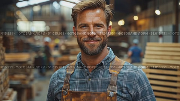 A skilled artisan smiles while surrounded by stacks of wood in a busy workshop, demonstrating the creativity and craftsmanship of woodworking. Стоковое AI-видео, аниматор Данила Большаков / Фотобанк Лори