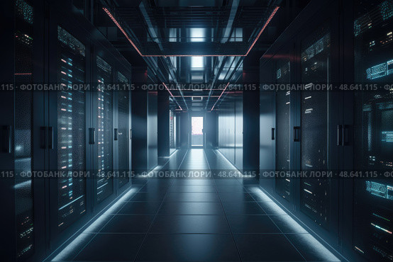 A sleek, modern corridor within a data center, featuring rows of dark server racks illuminated by soft blue lights. Стоковое AI-изображение, AI-художник Данила Большаков / Фотобанк Лори