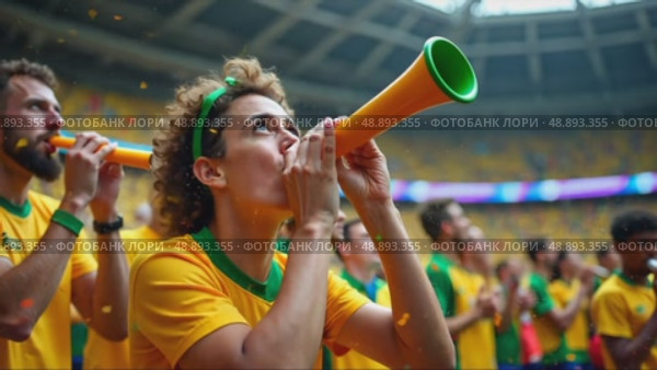 A slow-motion shot of a fan blowing a vuvuzela, their cheeks puffed out, confetti flying around them as their team scores a goal. Стоковое AI-видео, аниматор Sergey Grishin / Фотобанк Лори
