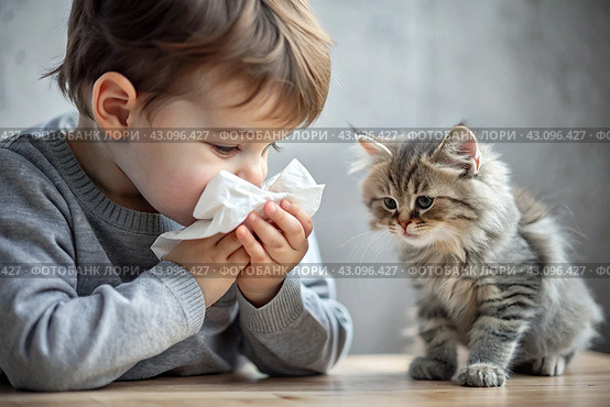 A small child boy sneezes into a white napkin at home. Allergies to cats and pet hair. A kitten is sitting next to me. Стоковое AI-изображение, AI-художник Photojuli / Фотобанк Лори