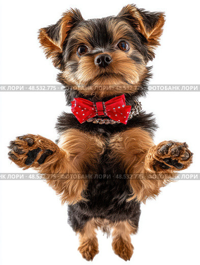 A small dog wearing a red bow tie is jumping in the air. Стоковое AI-изображение, AI-художник Ярославский Максим / Фотобанк Лори