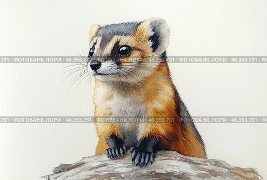 A small ferret or weasel, painted in watercolor. It sits on a wooden surface, looking around with curiosity. Its fur is drawn in detail, with smooth transitions of shades of gray, red and white. The animal has large, expressive eyes, long whiskers and miniature black paws clinging to the bark. The background is minimalist, white, which makes the drawing light and airy. Стоковое AI-изображение, AI-художник Анна Кривицкая / Фотобанк Лори