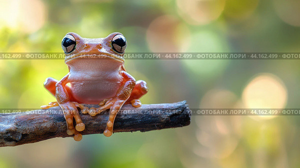 A small frog sitting on a branch with its eyes open, AI. Стоковое AI-изображение, AI-художник Сергей Старуш / Фотобанк Лори