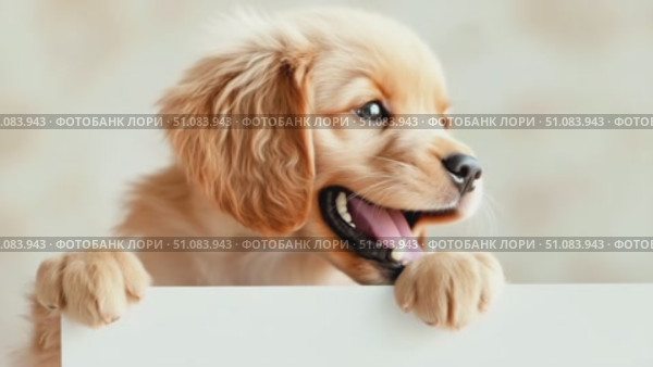A small golden retriever puppy with fluffy fur and big brown eyes, peeking over a blank white sign. The background is soft and blurred. Стоковое AI-видео, аниматор Nart / Фотобанк Лори