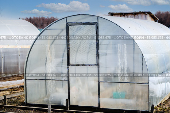 A small greenhouse with a metal frame covered with polycarbonate for growing vegetables. Стоковое фото, фотограф lyudmila Soloveva / Фотобанк Лори