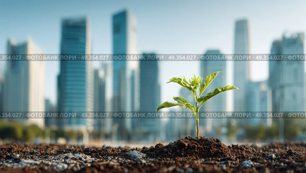 A small plant is growing in the dirt in front of a city. Стоковое AI-изображение, AI-художник Ярославский Максим / Фотобанк Лори