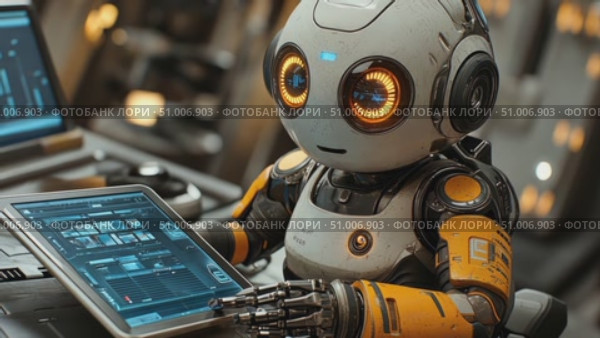 A small robot works diligently with a tablet, analyzing data in a high-tech control room filled with glowing screens and machinery. Стоковое AI-видео, аниматор Данила Большаков / Фотобанк Лори