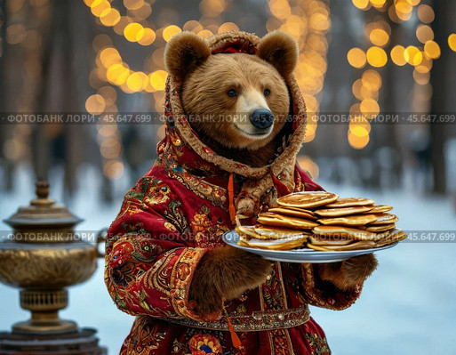 A smart she-bear in a bright Pavlovo Posad shawl treats us to pancakes with honey on Maslenitsa. Pancake week. Стоковое AI-изображение, AI-художник Сергей Елизарьев / Фотобанк Лори