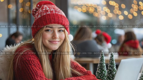 A smiling young woman sits at a café table adorned with miniature trees, embracing the cheerful holiday season with lights in the background. Стоковое AI-видео, аниматор Данила Большаков / Фотобанк Лори