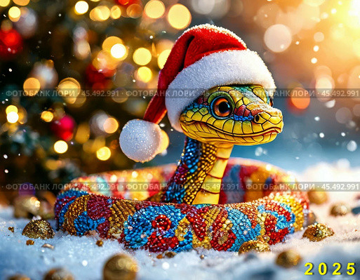 A snake, the symbol of the year 2025 according to the Eastern calendar, in a New Year's hat. The snake symbolizes wisdom, vitality, immortality and healing power. New Year card. Стоковое AI-изображение, AI-художник Сергей Елизарьев / Фотобанк Лори