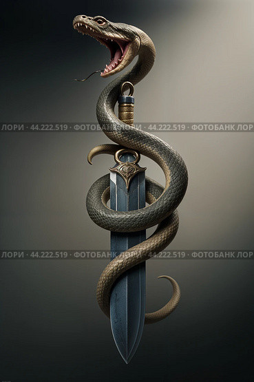 A snake wrapped around a dagger. Стоковое AI-изображение, AI-художник RamA / Фотобанк Лори