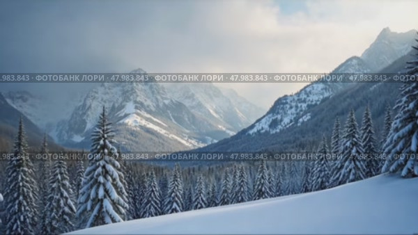 A snowy landscape with trees and mountains in the background, side view, cool lighting, winter color palette with whites and blues. Стоковое AI-видео, аниматор Sergey Grishin / Фотобанк Лори