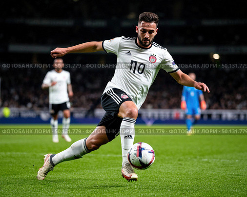A soccer player in a white and black uniform kicks a soccer ball on a field. Стоковое AI-изображение, AI-художник Ярославский Максим / Фотобанк Лори