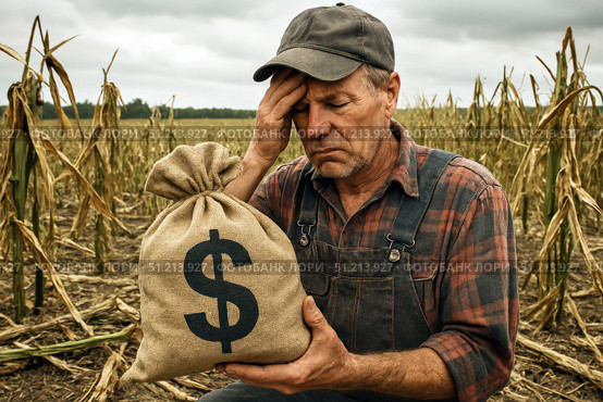 A Solemn Farmer Reflects on Financial Struggles While Holding a Bag of Money Amidst a Drought-Stricken Cornfield, Representing Economic Hardship and Resilience. Стоковое AI-изображение, AI-художник Башкирова Анна / Фотобанк Лори
