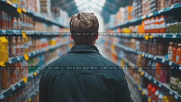 A solitary person walks down a brightly lit retail store corridor stacked with numerous colorful products. Стоковое AI-видео, аниматор Данила Большаков / Фотобанк Лори