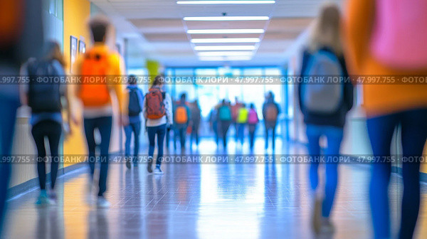 A somewhat blurry hospital corridor filled with numerous people walking about on their various errands and duties. Стоковое AI-изображение, AI-художник Anastasy Yarmolovich / Фотобанк Лори