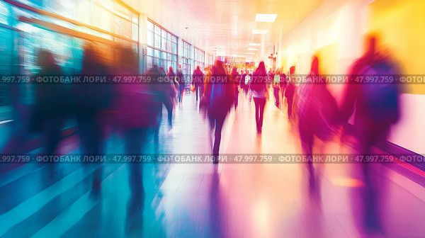 A somewhat blurry hospital corridor filled with numerous people walking about on their various errands and duties. Стоковое AI-изображение, AI-художник Anastasy Yarmolovich / Фотобанк Лори