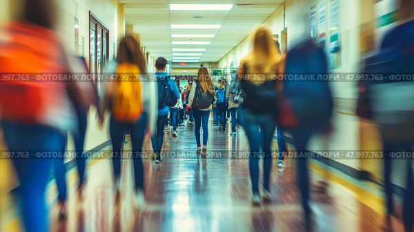 A somewhat blurry hospital corridor filled with numerous people walking about on their various errands and duties. Стоковое AI-изображение, AI-художник Anastasy Yarmolovich / Фотобанк Лори