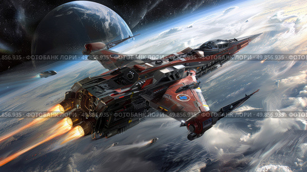A space ship soars through the air near a distant planet, showcasing the vastness of space travel and exploration. Стоковое AI-изображение, AI-художник Данила Большаков / Фотобанк Лори