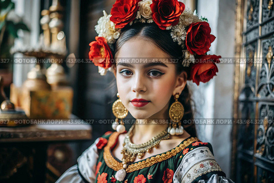 A Spanish girl in a traditional Spanish national costume. Against the background of a bull. Bullfighting. The portrait symbolizes the traditions and culture of the people of Spain. Стоковое AI-изображение, AI-художник Photojuli / Фотобанк Лори