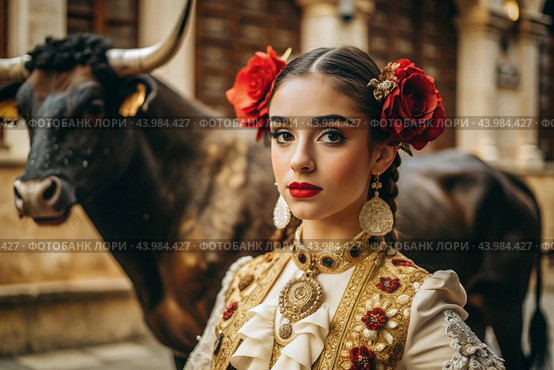 A Spanish girl in a traditional Spanish national costume. Against the background of a bull. Bullfighting. The portrait symbolizes the traditions and culture of the people of Spain. Стоковое AI-изображение, AI-художник Photojuli / Фотобанк Лори