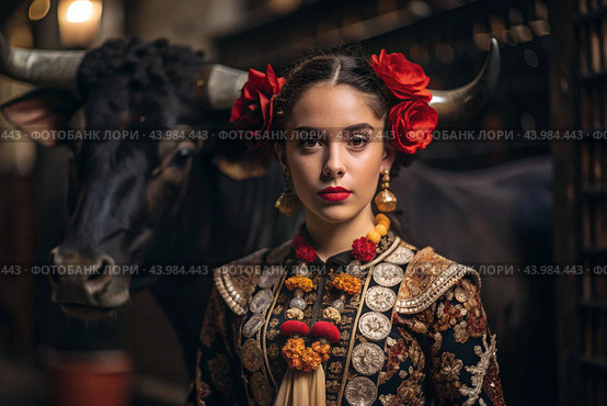 A Spanish girl in a traditional Spanish national costume. Against the background of a bull. Bullfighting. The portrait symbolizes the traditions and culture of the people of Spain. Стоковое AI-изображение, AI-художник Photojuli / Фотобанк Лори