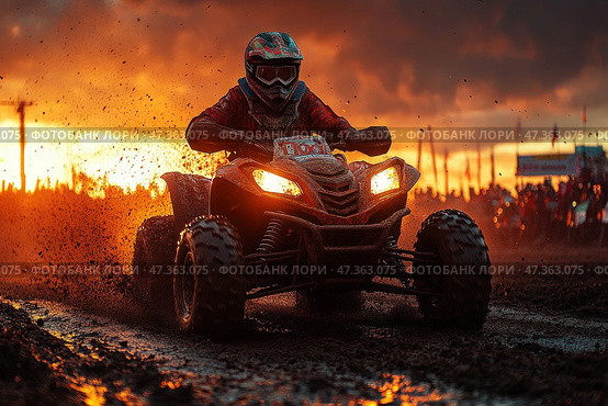 A spectacular moment of the ATV race. A rider in a helmet and protective gear rushes along a mud track on a powerful ATV, raising splashes and clods of earth. The sun sets behind the horizon, painting the sky and everything around in fiery orange and golden tones. The light of the headlights and the dirt on the equipment emphasize the dynamics and intensity of what is happening. In the distance, a crowd of spectators, flags and elements of the track are visible. The scene is filled with energy, speed and drive. Стоковое AI-изображение, AI-художник Анна Кривицкая / Фотобанк Лори