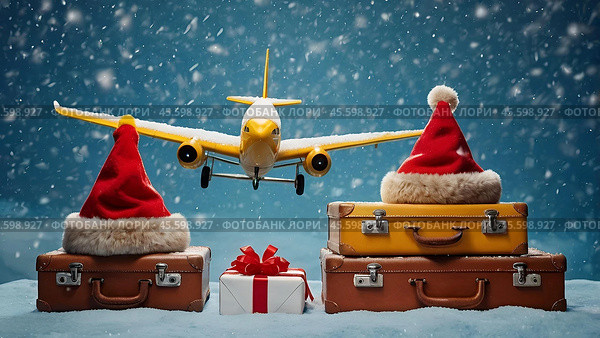 A stack of suitcases with a red Santa Claus hat and a model airplane on a blue background with snow. The concept of traveling on Christmas and New Year's Eve. Стоковое AI-изображение, AI-художник Photojuli / Фотобанк Лори