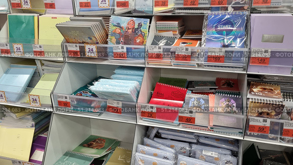 A store rack with notebooks and notepads of various designs and formats. The assortment includes classic 24-sheet school notebooks in plain covers of pastel colors (blue, yellow, green, lilac), as well as bright notebooks and spring-bound diaries with colorful drawings and inscriptions. Covers with illustrations of animals, cartoon characters, fantasy heroes, and motivational inscriptions are visible. At the bottom of the shelves are notebooks with animals and decorative pencil cases. Each product has price tags with promotional offers. The atmosphere of the photo conveys the variety of stationery in the supermarket, aimed at both schoolchildren and office workers. Редакционное фото, фотограф Анна Кривицкая / Фотобанк Лори