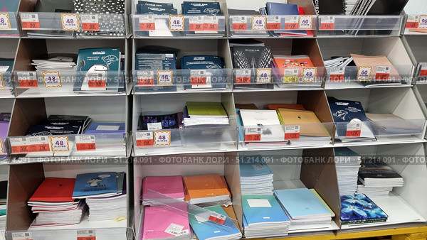 A store rack with notebooks of 48 and 60 sheets. The notebooks are arranged in cells and are presented in a large assortment: classic plain covers (blue, green, pink, orange, red), as well as with drawings and thematic designs - subject notebooks on history, geography, Russian language and other disciplines. Labels with prices and promotional discounts are visible. Notebooks of different formats, some with a clip, others with a spring. The photo shows a selection of stationery for schoolchildren, students and office workers, emphasizing the atmosphere of preparation for the school season. Редакционное фото, фотограф Анна Кривицкая / Фотобанк Лори