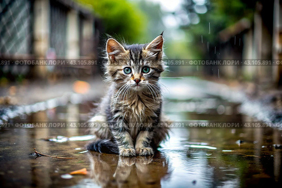 A stray animal. A wet, sad, abandoned, hungry kitten is sitting in a puddle in the rain. Shelter, rescue, help charity, donations for homeless animals. Стоковое AI-изображение, AI-художник Photojuli / Фотобанк Лори