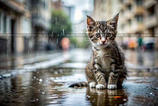 A stray animal. A wet, sad, abandoned, hungry kitten is sitting in a puddle in the rain. Shelter, rescue, help charity, donations for homeless animals. Стоковое AI-изображение, AI-художник Photojuli / Фотобанк Лори