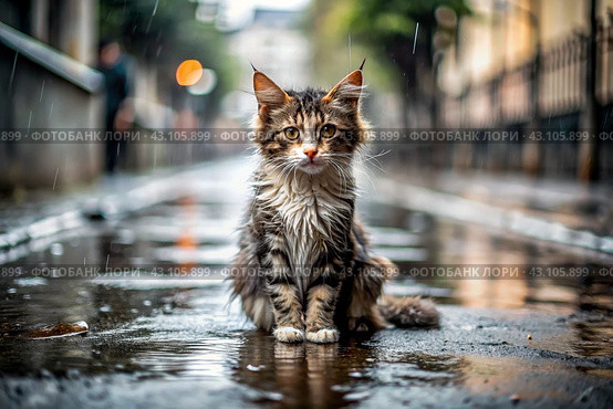 A stray animal. A wet, sad, abandoned, hungry kitten is sitting in a puddle in the rain. Shelter, rescue, help charity, donations for homeless animals. Стоковое AI-изображение, AI-художник Photojuli / Фотобанк Лори