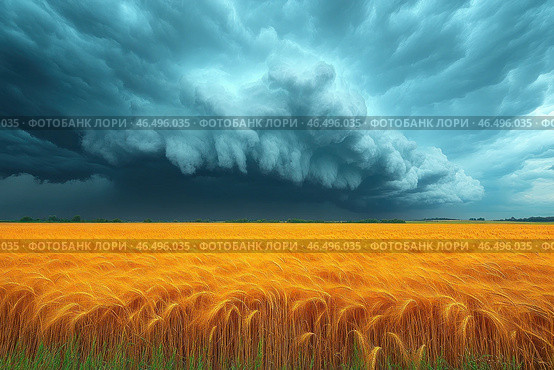 A stunning contrast between a golden wheat field and thunderclouds looming over the horizon. The wheat field sways in the wind, creating a sense of movement and warmth, while the massive clouds in blue-gray tones add drama to the scene. The sense of an impending storm is emphasized by the rich colors and strong perspective, creating an effect of natural power and a contrast between calm and storm. Стоковое AI-изображение, AI-художник Анна Кривицкая / Фотобанк Лори