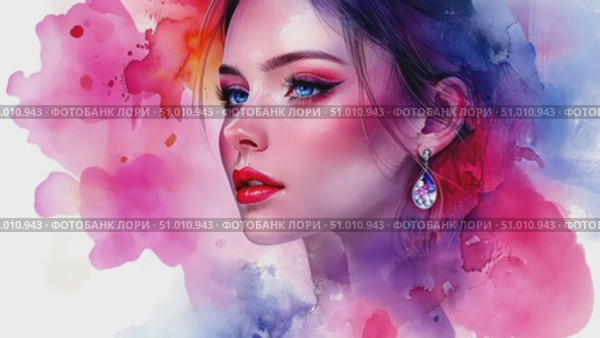 A stunning portrait captures the essence of a young woman with colorful watercolor techniques, reflecting artistic creativity and style. Стоковое AI-видео, аниматор Данила Большаков / Фотобанк Лори