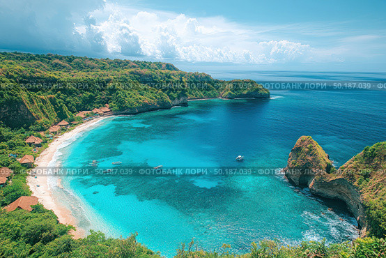A stunning tropical landscape overlooking an azure bay surrounded by green hills and cliffs. Cozy bungalows with thatched roofs are located along the shore, and snow-white boats are moored in turquoise waters. The sandy beach smoothly turns into a transparent sea surface, and the sky is decorated with fluffy clouds. The image conveys the atmosphere of an ideal vacation, privacy and natural harmony. Suitable for tourist brochures, resort advertising, travel sites, banners and postcards. Стоковое AI-изображение, AI-художник Анна Кривицкая / Фотобанк Лори