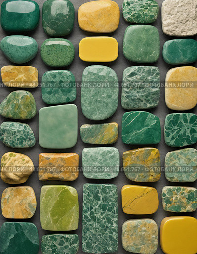 A stunning variety of unakite mineral stones, featuring different shades of green and yellow Generative AI. Стоковое AI-изображение, AI-художник Юлия Петровская / Фотобанк Лори