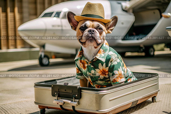 A stylish puppy on a journey, a charming funny dog in a Hawaiian shirt and hat, sitting in an open suitcase. The concept of summer holidays and traveling with animals. Стоковое AI-изображение, AI-художник Photojuli / Фотобанк Лори