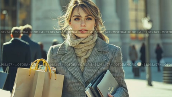 A stylish woman in a coat holds shopping bags and a laptop while navigating a lively urban street bustling with people in the afternoon. Стоковое AI-видео, аниматор Данила Большаков / Фотобанк Лори