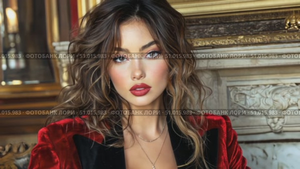 A stylish woman sits confidently in an opulent room, showcasing her fashion sense with a bold outfit and captivating makeup. Стоковое AI-видео, аниматор Данила Большаков / Фотобанк Лори