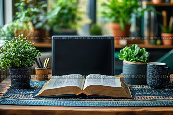 A stylish work or study space, decorated with elements of coziness and nature. On a wooden table there is an open book, a laptop with the screen turned off, a mug, pencils and several pots with green indoor plants. The interior is made in natural, soft colors, creating an atmosphere of calm and concentration. Outside the window, sunlight is visible breaking through the foliage, which emphasizes the harmonious combination of work and rest. Ideal for themes: remote work, training, inspiration, freelancing, eco-style. Стоковое AI-изображение, AI-художник Анна Кривицкая / Фотобанк Лори