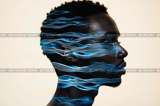 A stylish young man with bright striped lighting effects on his face. Стоковое AI-изображение, AI-художник Ярославский Максим / Фотобанк Лори