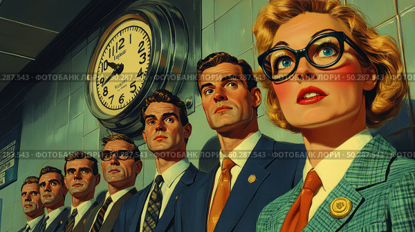 A stylized illustration in the spirit of retro comics from the 1950s and 60s depicts a group of men and one woman in business suits standing in line under a large wall clock. All the characters are looking in the same direction with an expression of anxiety, anticipation or tension. The woman in glasses in the foreground stands out with her emotional reaction. Bright colors, characteristic texture and graphic style give the scene the atmosphere of vintage American advertising, posters or pop art. The image is ideal for the themes of "nostalgia", "corporate culture", "waiting", "time", "crisis" and "retro design". retro. Стоковое AI-изображение, AI-художник Анна Кривицкая / Фотобанк Лори