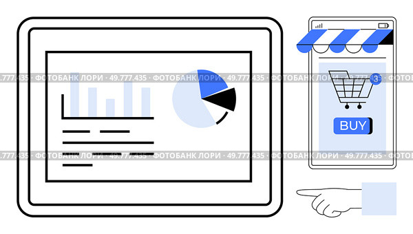 A tablet displays bar and pie charts next to a smartphone with a shopping cart icon, buy button, and notification symbol. Ideal for e-commerce, data analytics, digital marketing, online shopping. Online Shopping with Data Analytics on Tablet and Smartphone Display. Стоковая иллюстрация, агентство Ingram Publishing / Фотобанк Лори