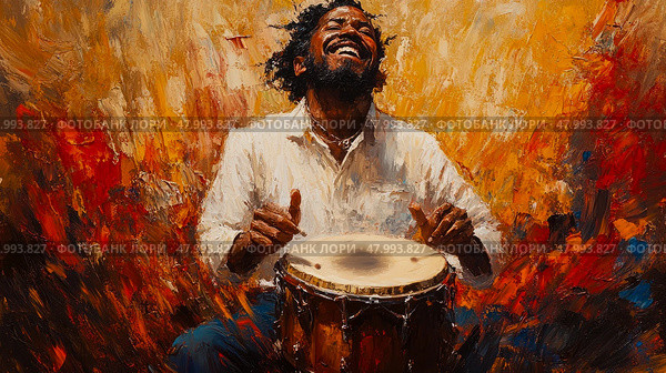A talented musician passionately plays conga drums, surrounded by bursts of warm colors that enhance the energetic mood of the moment. Стоковое AI-изображение, AI-художник Данила Большаков / Фотобанк Лори