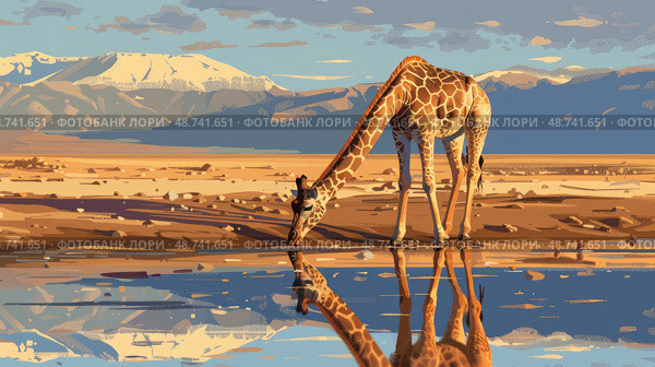 A tall giraffe lowers its neck to sip water from a still pond, surrounded by a landscape of mountains and soft clouds at dusk. Стоковое AI-изображение, AI-художник Данила Большаков / Фотобанк Лори