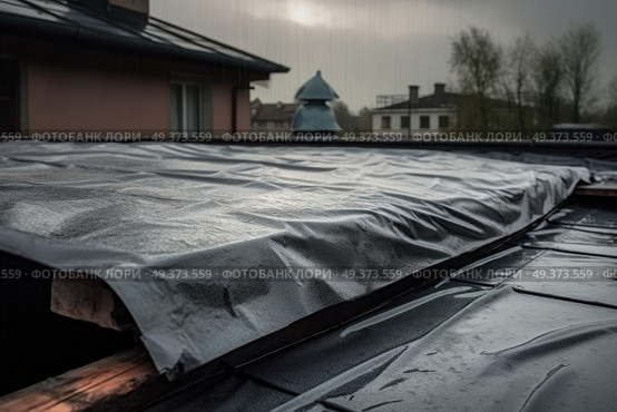 A tarp is covering a roof, with a house visible in the background. Стоковое AI-изображение, AI-художник Данила Большаков / Фотобанк Лори