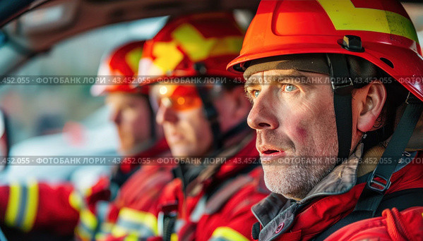 A team of firefighters, clad in red uniforms, is sitting inside a vehicle on standby. Стоковое AI-изображение, AI-художник Юрий Поздников / Фотобанк Лори